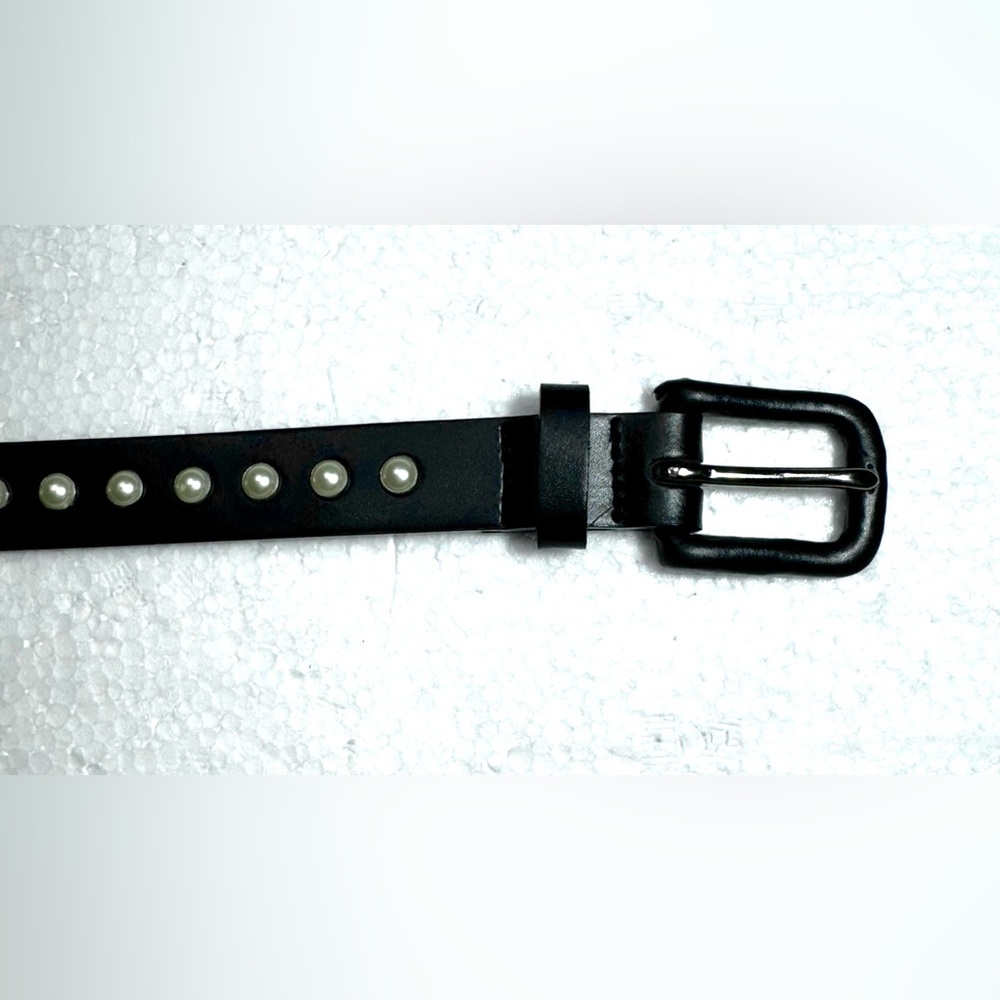 Leather Black Studded Belt with Pearls Classic - Picture 13 of 14